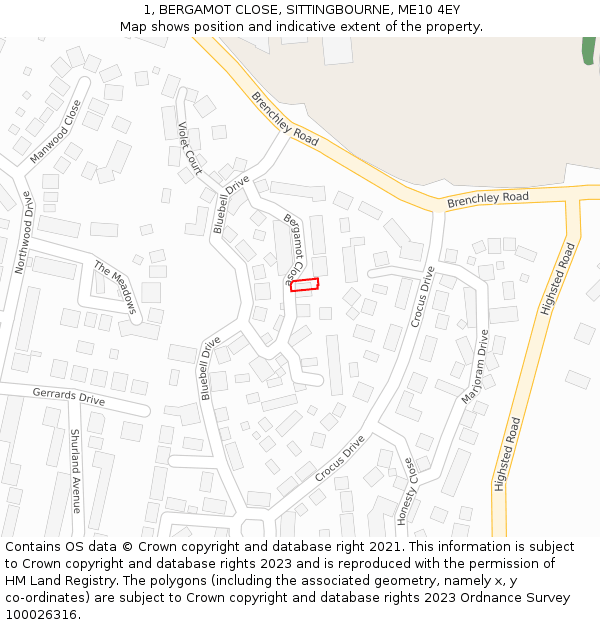 1, BERGAMOT CLOSE, SITTINGBOURNE, ME10 4EY: Location map and indicative extent of plot