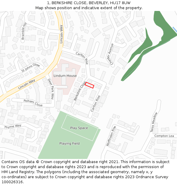1, BERKSHIRE CLOSE, BEVERLEY, HU17 8UW: Location map and indicative extent of plot