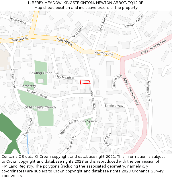 1, BERRY MEADOW, KINGSTEIGNTON, NEWTON ABBOT, TQ12 3BL: Location map and indicative extent of plot
