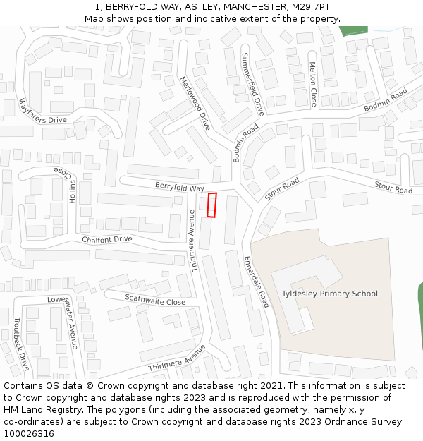 1, BERRYFOLD WAY, ASTLEY, MANCHESTER, M29 7PT: Location map and indicative extent of plot