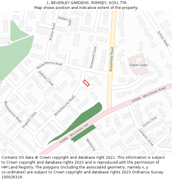 1, BEVERLEY GARDENS, ROMSEY, SO51 7TA: Location map and indicative extent of plot