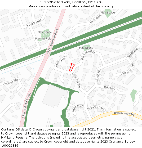 1, BIDDINGTON WAY, HONITON, EX14 2GU: Location map and indicative extent of plot