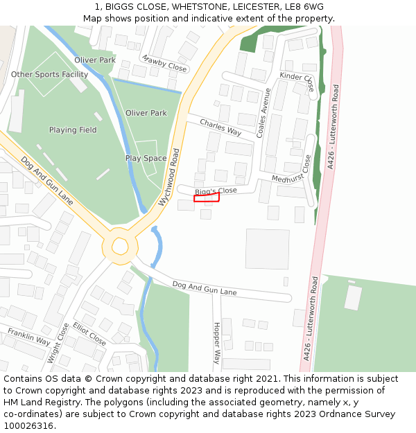 1, BIGGS CLOSE, WHETSTONE, LEICESTER, LE8 6WG: Location map and indicative extent of plot