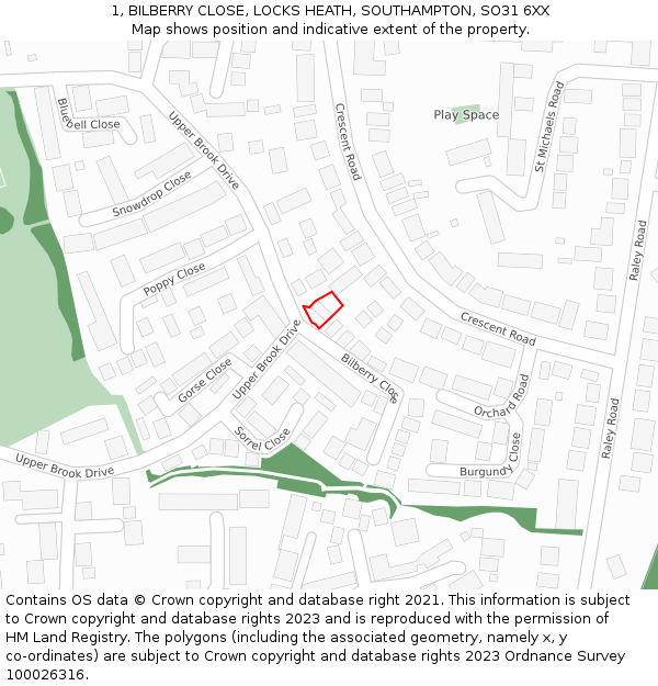 1, BILBERRY CLOSE, LOCKS HEATH, SOUTHAMPTON, SO31 6XX: Location map and indicative extent of plot