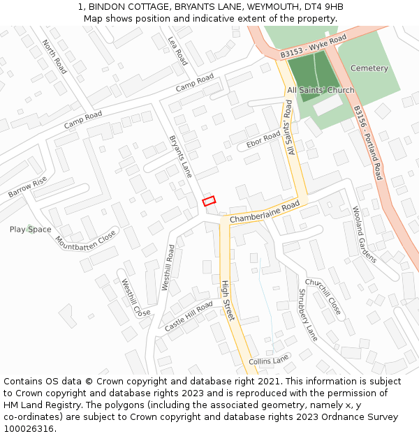 1, BINDON COTTAGE, BRYANTS LANE, WEYMOUTH, DT4 9HB: Location map and indicative extent of plot
