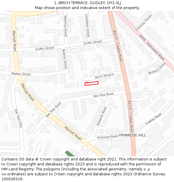 1, BIRCH TERRACE, DUDLEY, DY2 0LJ: Location map and indicative extent of plot