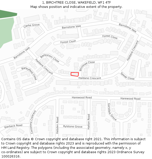 1, BIRCHTREE CLOSE, WAKEFIELD, WF1 4TF: Location map and indicative extent of plot