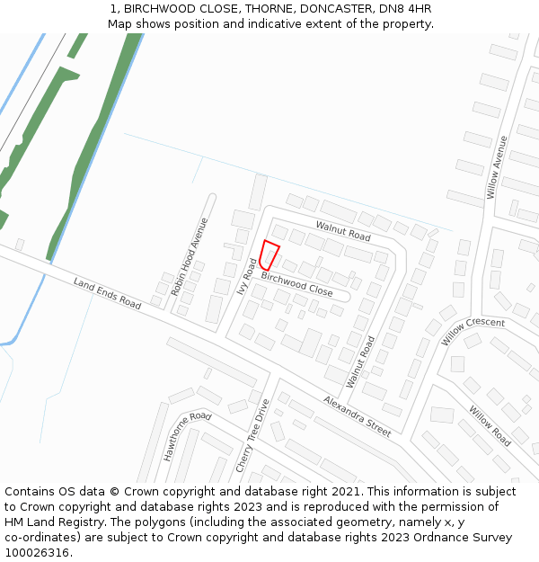 1, BIRCHWOOD CLOSE, THORNE, DONCASTER, DN8 4HR: Location map and indicative extent of plot