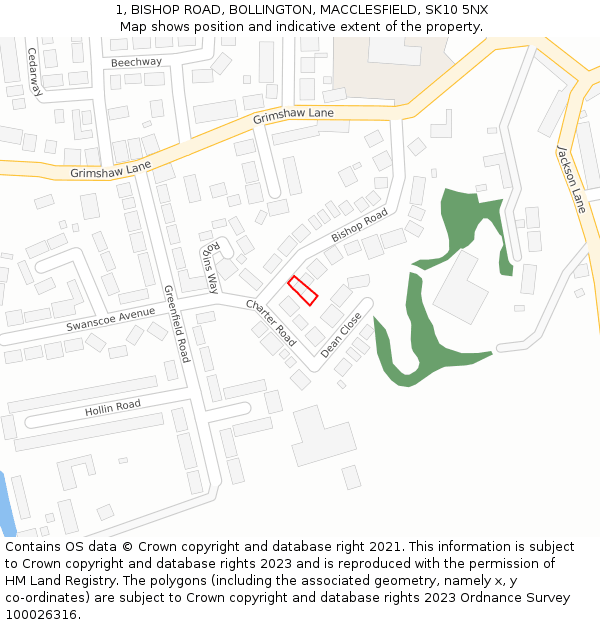 1, BISHOP ROAD, BOLLINGTON, MACCLESFIELD, SK10 5NX: Location map and indicative extent of plot