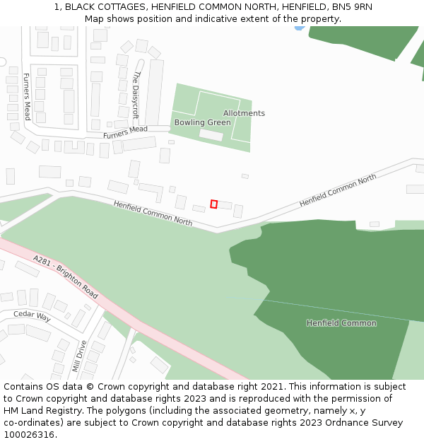 1, BLACK COTTAGES, HENFIELD COMMON NORTH, HENFIELD, BN5 9RN: Location map and indicative extent of plot