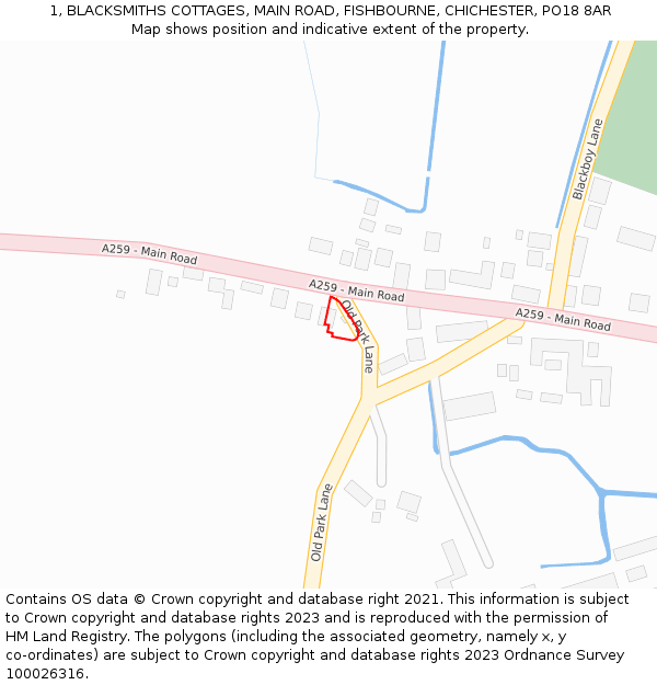 1, BLACKSMITHS COTTAGES, MAIN ROAD, FISHBOURNE, CHICHESTER, PO18 8AR: Location map and indicative extent of plot