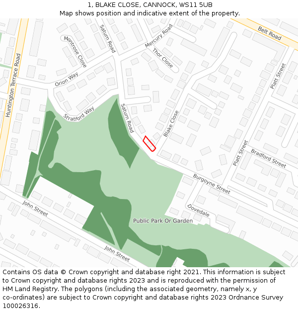 1, BLAKE CLOSE, CANNOCK, WS11 5UB: Location map and indicative extent of plot