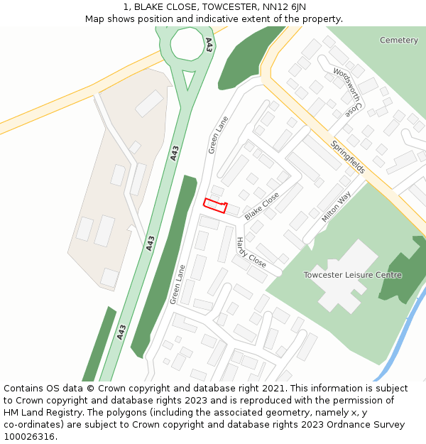 1, BLAKE CLOSE, TOWCESTER, NN12 6JN: Location map and indicative extent of plot