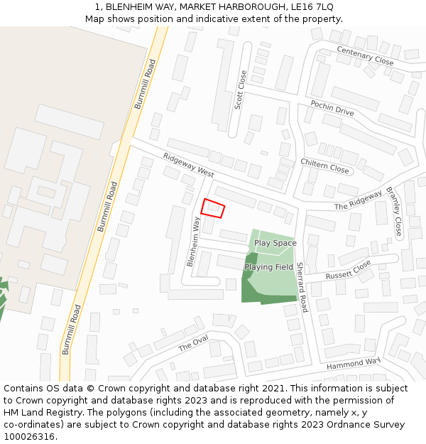 1, BLENHEIM WAY, MARKET HARBOROUGH, LE16 7LQ: Location map and indicative extent of plot