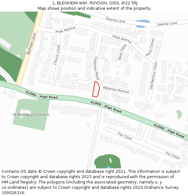 1, BLENHEIM WAY, ROYDON, DISS, IP22 5RJ: Location map and indicative extent of plot