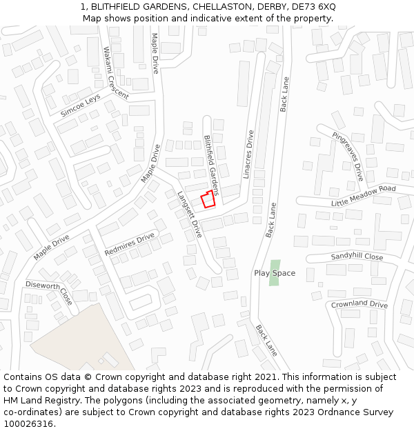1, BLITHFIELD GARDENS, CHELLASTON, DERBY, DE73 6XQ: Location map and indicative extent of plot