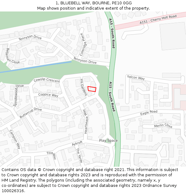 1, BLUEBELL WAY, BOURNE, PE10 0GG: Location map and indicative extent of plot