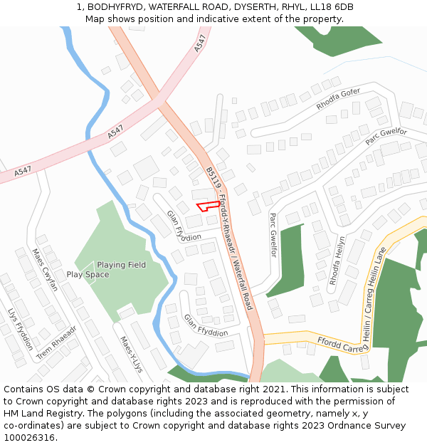 1, BODHYFRYD, WATERFALL ROAD, DYSERTH, RHYL, LL18 6DB: Location map and indicative extent of plot