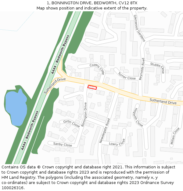 1, BONNINGTON DRIVE, BEDWORTH, CV12 8TX: Location map and indicative extent of plot