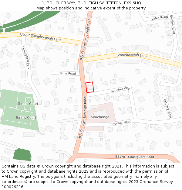 1, BOUCHER WAY, BUDLEIGH SALTERTON, EX9 6HQ: Location map and indicative extent of plot