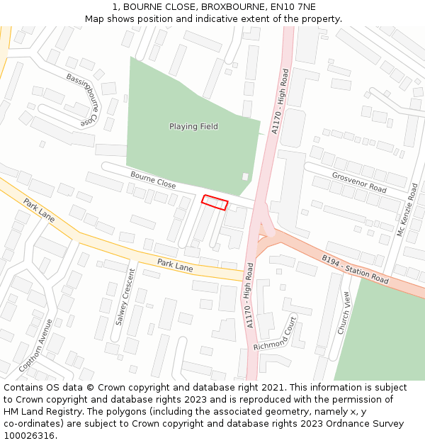 1, BOURNE CLOSE, BROXBOURNE, EN10 7NE: Location map and indicative extent of plot