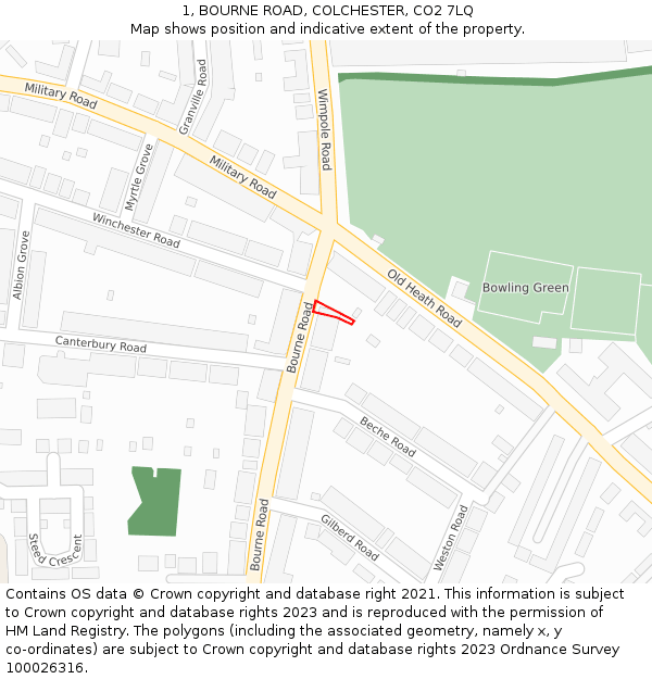 1, BOURNE ROAD, COLCHESTER, CO2 7LQ: Location map and indicative extent of plot