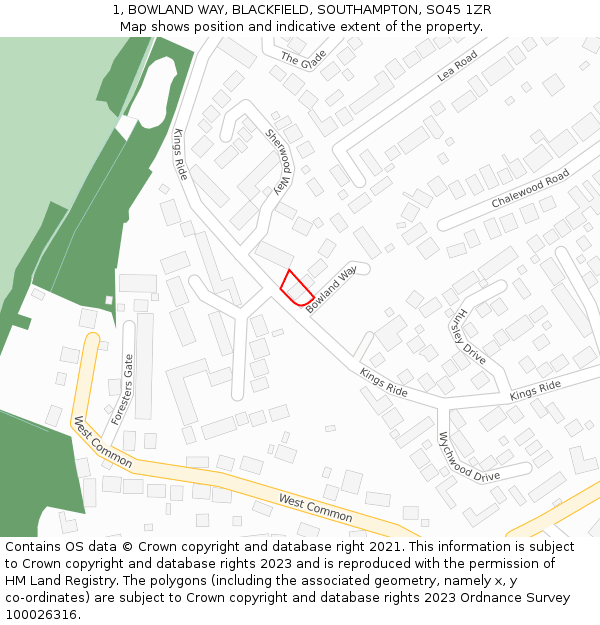 1, BOWLAND WAY, BLACKFIELD, SOUTHAMPTON, SO45 1ZR: Location map and indicative extent of plot