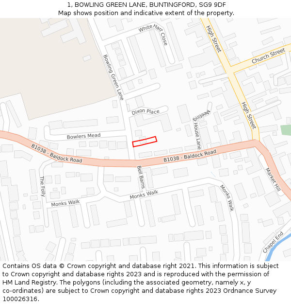 1, BOWLING GREEN LANE, BUNTINGFORD, SG9 9DF: Location map and indicative extent of plot