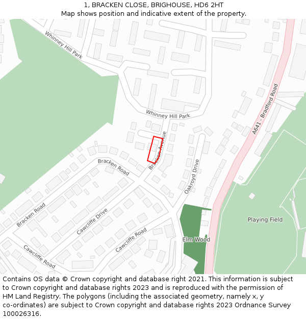 1, BRACKEN CLOSE, BRIGHOUSE, HD6 2HT: Location map and indicative extent of plot