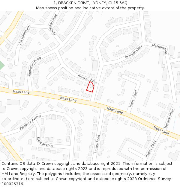 1, BRACKEN DRIVE, LYDNEY, GL15 5AQ: Location map and indicative extent of plot