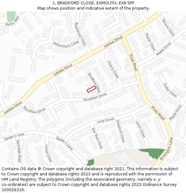 1, BRADFORD CLOSE, EXMOUTH, EX8 5PF: Location map and indicative extent of plot