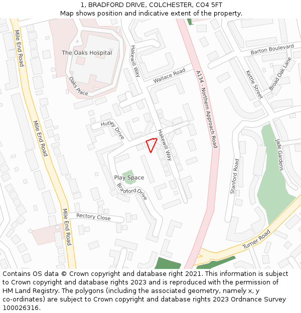 1, BRADFORD DRIVE, COLCHESTER, CO4 5FT: Location map and indicative extent of plot