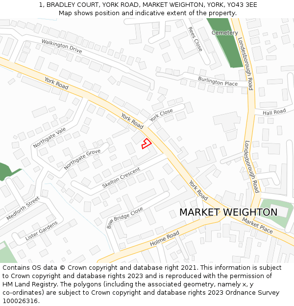 1, BRADLEY COURT, YORK ROAD, MARKET WEIGHTON, YORK, YO43 3EE: Location map and indicative extent of plot