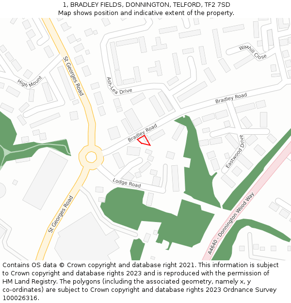 1, BRADLEY FIELDS, DONNINGTON, TELFORD, TF2 7SD: Location map and indicative extent of plot