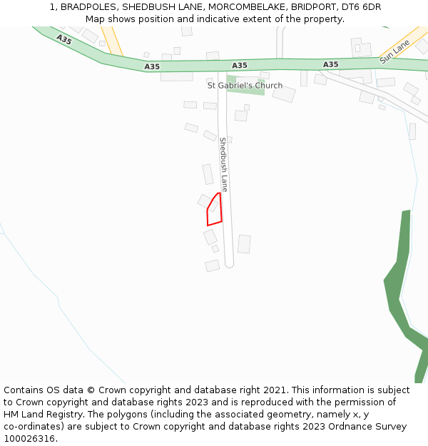 1, BRADPOLES, SHEDBUSH LANE, MORCOMBELAKE, BRIDPORT, DT6 6DR: Location map and indicative extent of plot