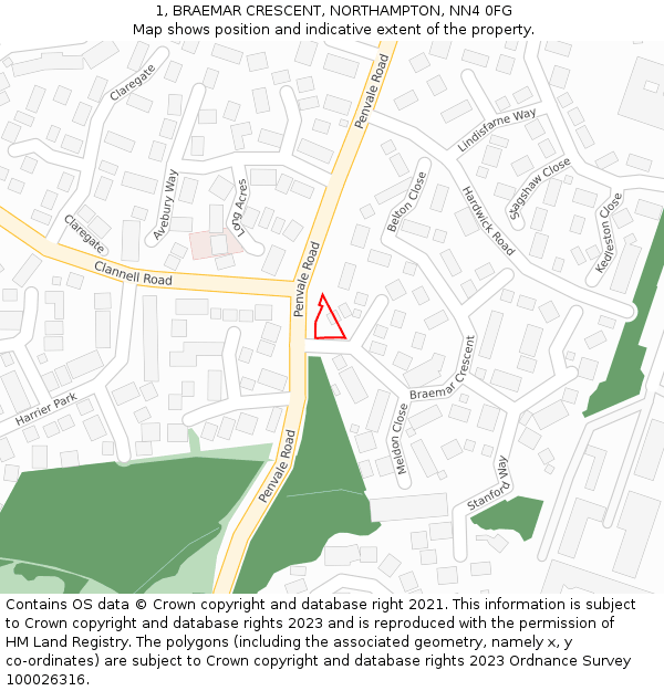 1, BRAEMAR CRESCENT, NORTHAMPTON, NN4 0FG: Location map and indicative extent of plot