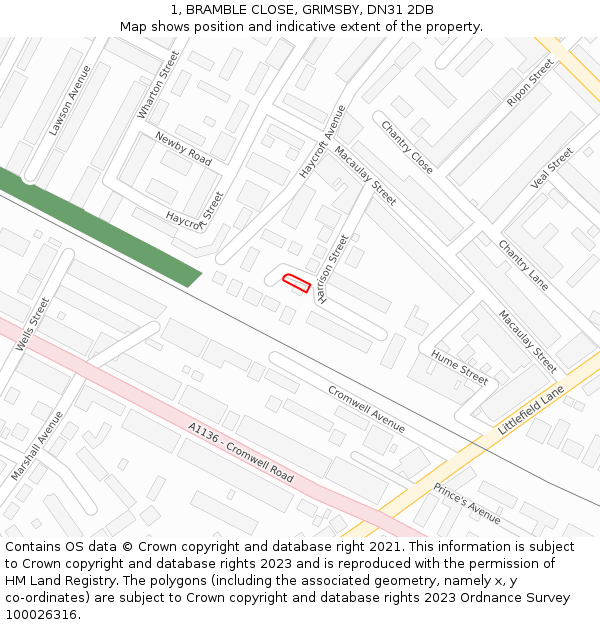 1, BRAMBLE CLOSE, GRIMSBY, DN31 2DB: Location map and indicative extent of plot