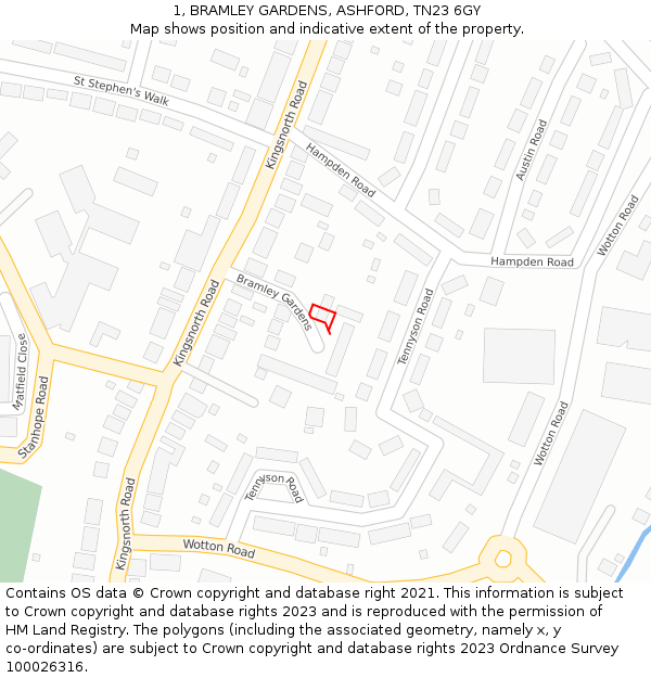 1, BRAMLEY GARDENS, ASHFORD, TN23 6GY: Location map and indicative extent of plot