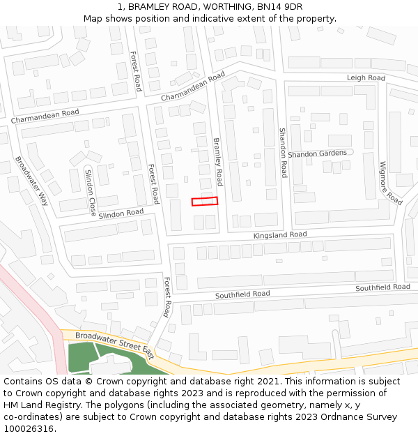 1, BRAMLEY ROAD, WORTHING, BN14 9DR: Location map and indicative extent of plot