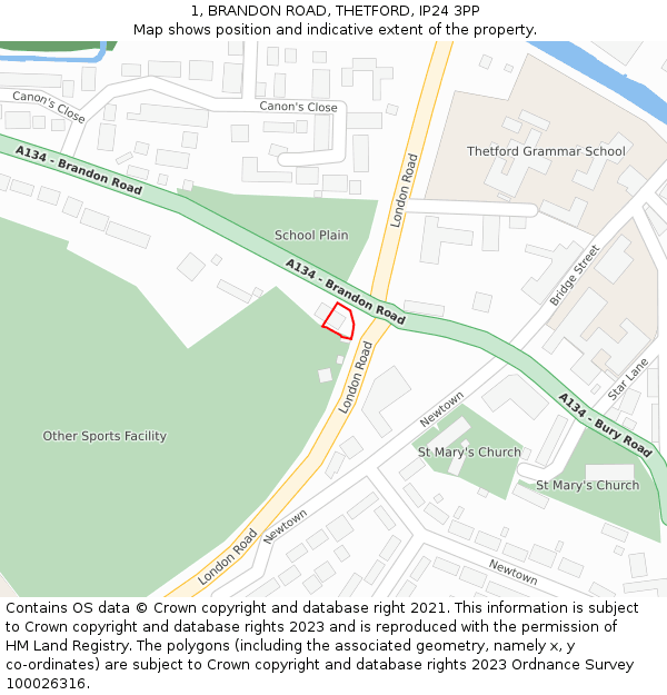 1, BRANDON ROAD, THETFORD, IP24 3PP: Location map and indicative extent of plot