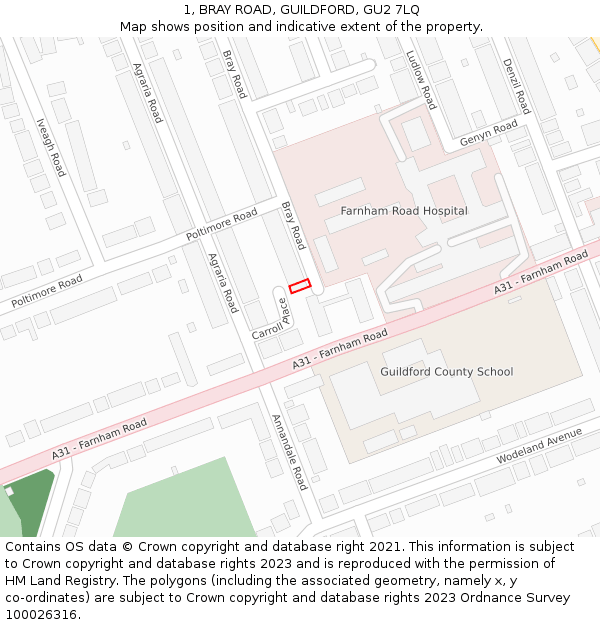 1, BRAY ROAD, GUILDFORD, GU2 7LQ: Location map and indicative extent of plot