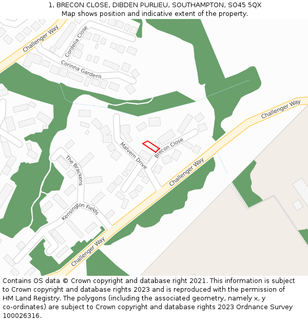 1, BRECON CLOSE, DIBDEN PURLIEU, SOUTHAMPTON, SO45 5QX: Location map and indicative extent of plot