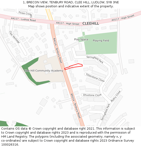 1, BRECON VIEW, TENBURY ROAD, CLEE HILL, LUDLOW, SY8 3NE: Location map and indicative extent of plot