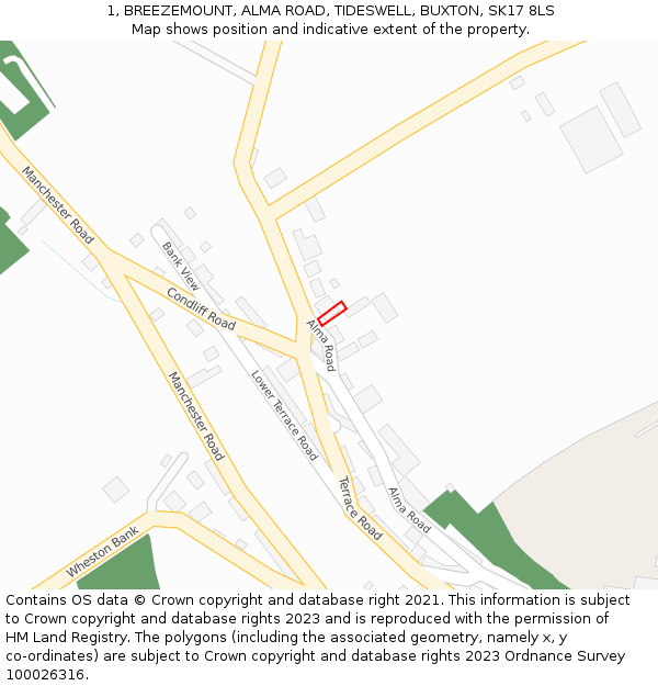 1, BREEZEMOUNT, ALMA ROAD, TIDESWELL, BUXTON, SK17 8LS: Location map and indicative extent of plot