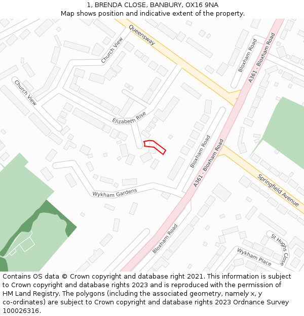 1, BRENDA CLOSE, BANBURY, OX16 9NA: Location map and indicative extent of plot