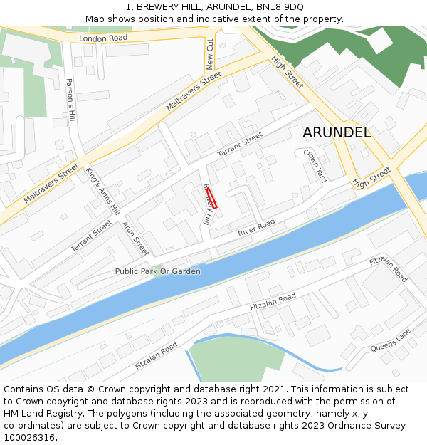 1, BREWERY HILL, ARUNDEL, BN18 9DQ: Location map and indicative extent of plot