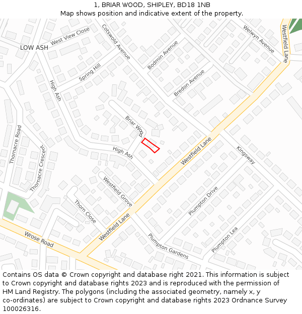 1, BRIAR WOOD, SHIPLEY, BD18 1NB: Location map and indicative extent of plot