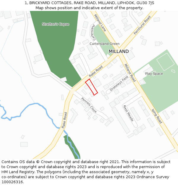 1, BRICKYARD COTTAGES, RAKE ROAD, MILLAND, LIPHOOK, GU30 7JS: Location map and indicative extent of plot