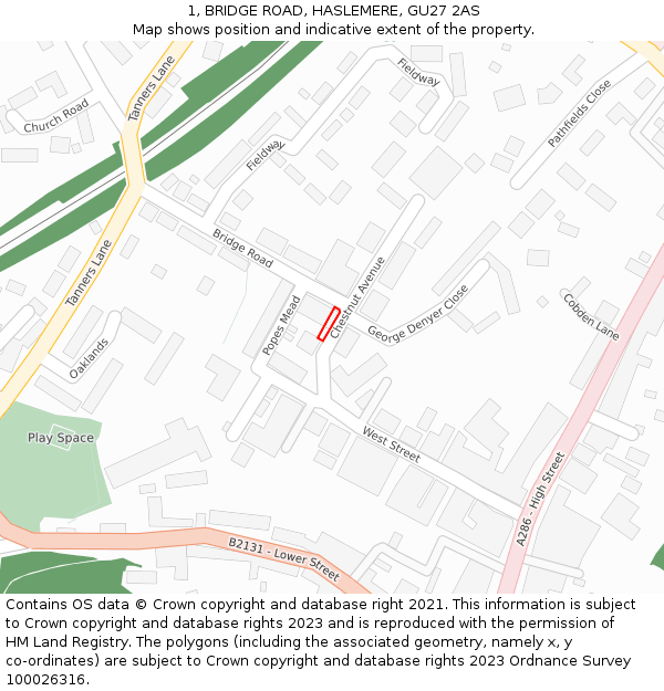 1, BRIDGE ROAD, HASLEMERE, GU27 2AS: Location map and indicative extent of plot