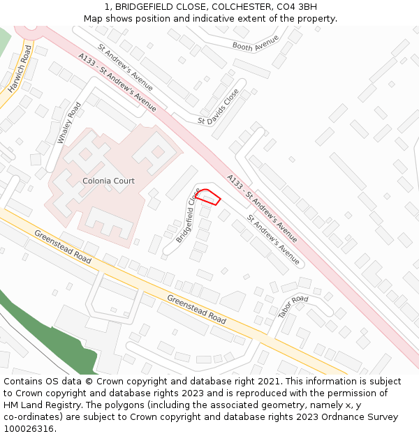 1, BRIDGEFIELD CLOSE, COLCHESTER, CO4 3BH: Location map and indicative extent of plot